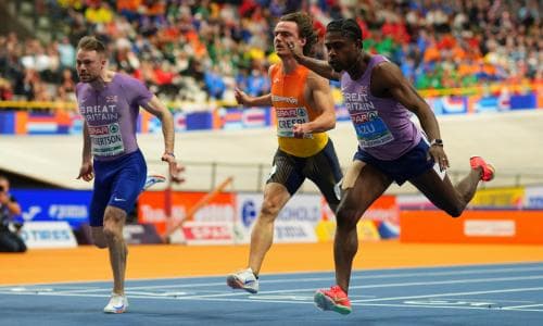 Jeremiah Azu wins European Indoor gold for Britain in men’s 60m